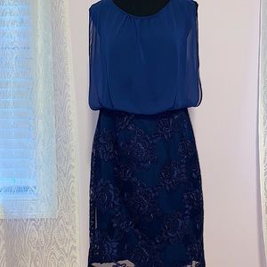 Navy Blue Dress with Lace Skirt Blouson Lace-Contrast Dress